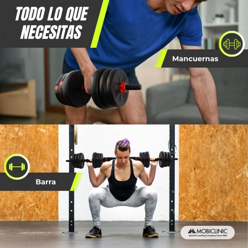 Paar 20 kg Hanteln | Verstellbar | 4 in 1 | Kettlebell-Aufsatz | Verbindungsstange | Tragbar | Mobimax | Mobiclinic