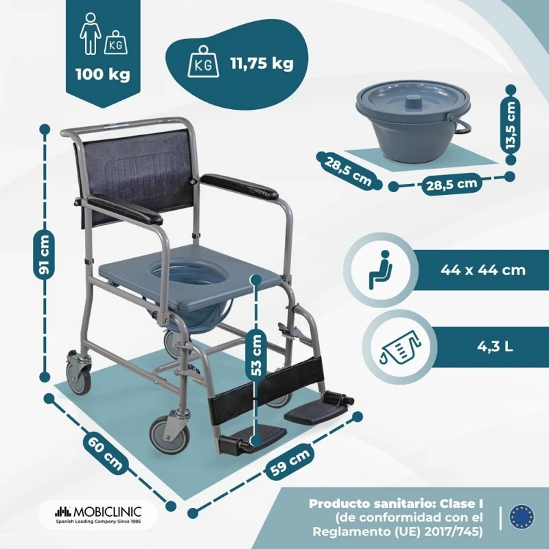 Toilettenstuhl | Fahrbahr | Klappbare Armlehnen | abnehmbare Fußstützen | Grau |Ancla | Mobiclinic