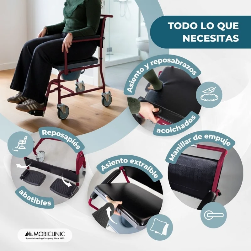 Toilettenstuhl | Fahrbahr | Klappbare Armlehnen | abnehmbare Fußstützen | Bordeaux |Ancla | Mobiclinic