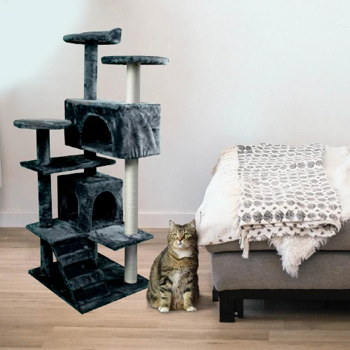 Katzenkratzbaum | Groß | 4 Höhen | 50x50x170 cm | Grau | Tom | Unterstützt bis zu 10 kg | Mobiclinic