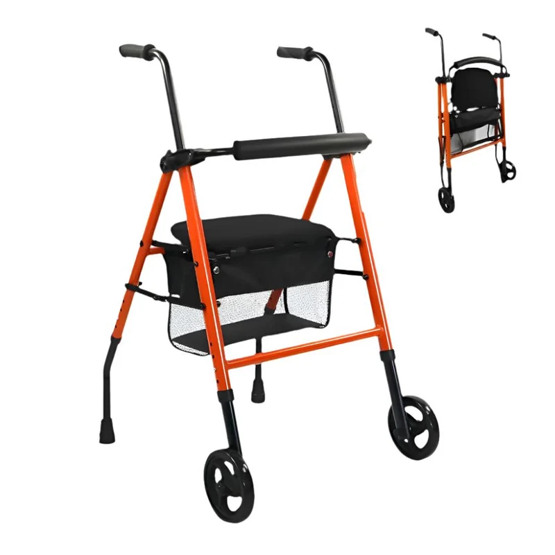Premium Rollator | 2 Räder | Faltbar und höhenverstellbar | Sitz und Korb | Stahl| Orange | Nerón | Mobiclinic