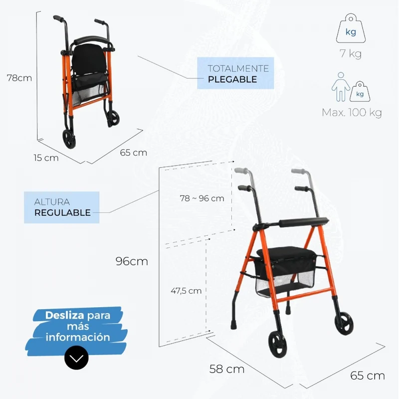 Premium Rollator | 2 Räder | Faltbar und höhenverstellbar | Sitz und Korb | Stahl| Orange | Nerón | Mobiclinic