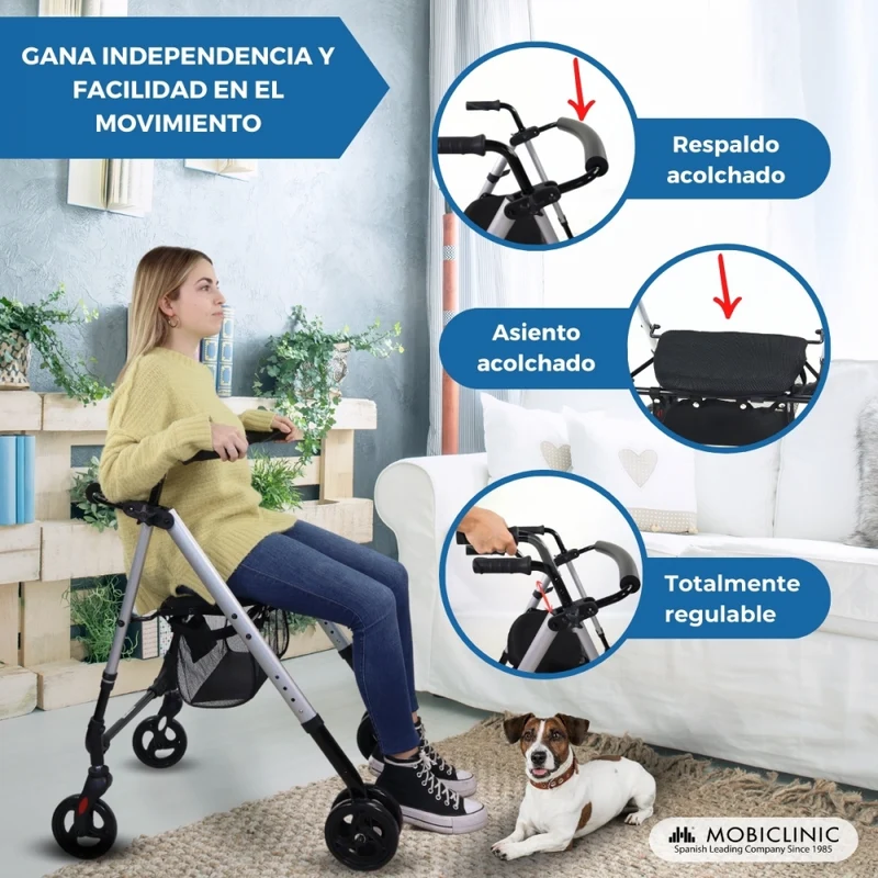 Top Rollator | Faltbar | Aluminium | Druckbremse | 4 Räder | Sitz und Rückenlehne | Blau | Dehesa | Mobiclinic