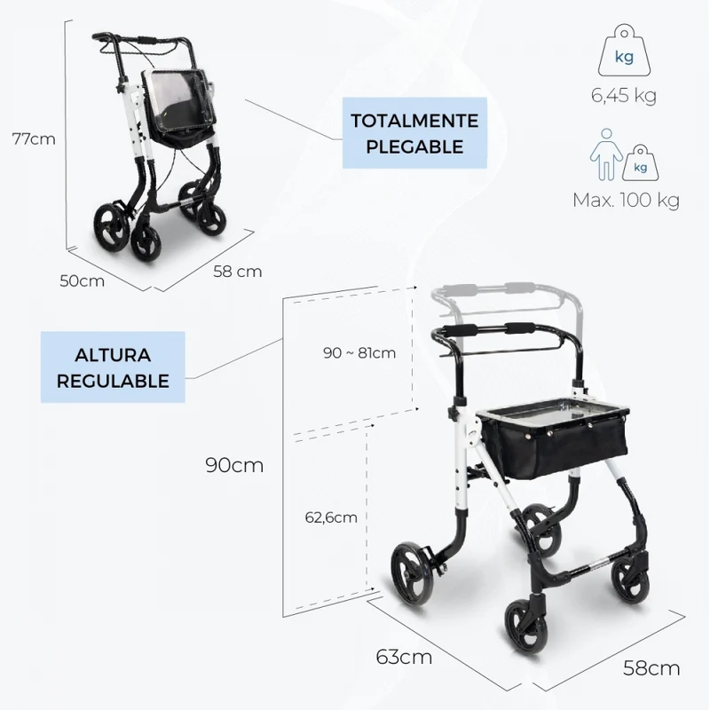 Gehrahmen faltbar für Senioren aus Aluminium| Einhebelgriff | Mit Tasche und Korb | 4 Räder | Licht | Weiß | Olimpo | Mobiclinic