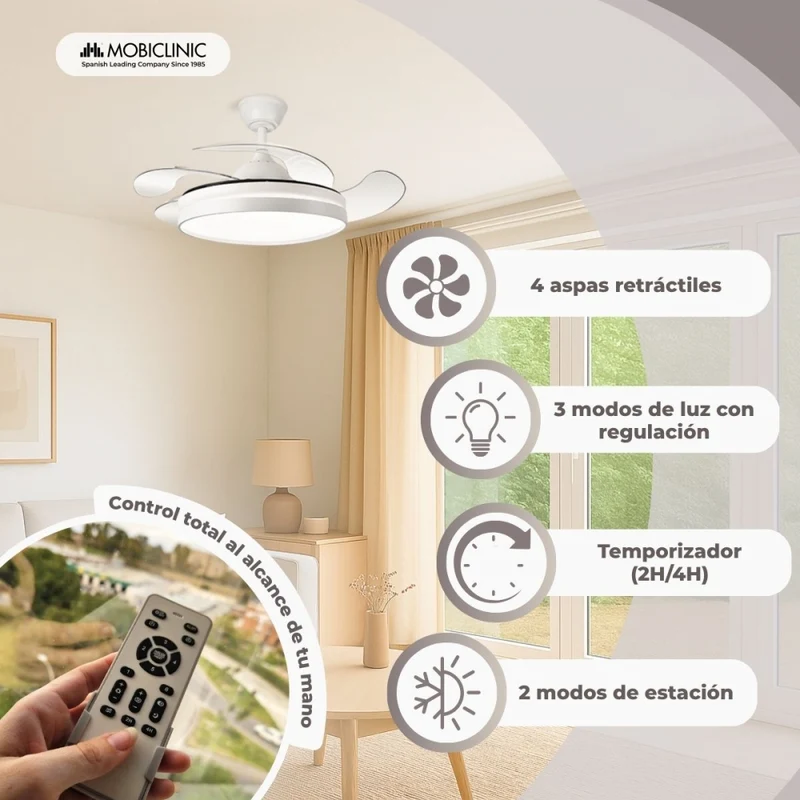 Deckenventilator | 4 Flügel | 6 Geschwindigkeiten | 3 Beleuchtungsmodi | LED-Licht | Fernbedienung | Oasis | Mobiclinic