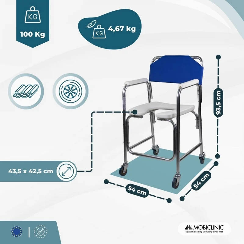 Toilettenstuhl | Fahrbar | Aluminium | Gepolsterte Armlehnen | Blau | Manzanares | Mobiclinic