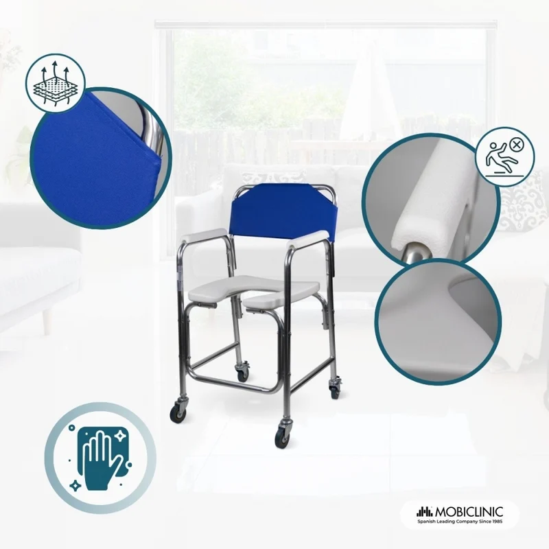 Toilettenstuhl | Fahrbar | Aluminium | Gepolsterte Armlehnen | Blau | Manzanares | Mobiclinic