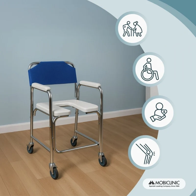 Toilettenstuhl | Fahrbar | Aluminium | Gepolsterte Armlehnen | Blau | Manzanares | Mobiclinic