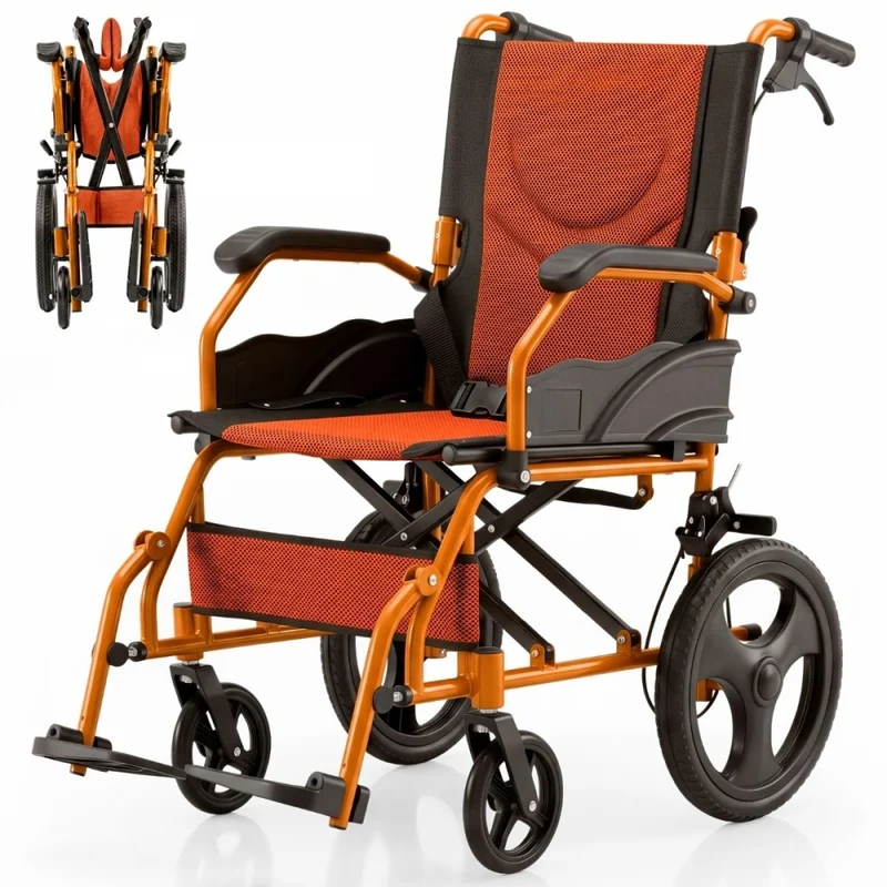 Faltbarer Rollstuhl | Aluminium | Bremse an Handgriffen | Fußstütze | Armlehnen | Orange | Modell: Pirámide | Mobiclinic