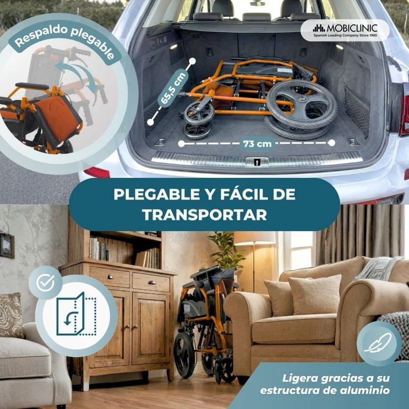 Faltbarer Rollstuhl | Aluminium | Bremse an Handgriffen | Fußstütze | Armlehnen | Orange | Modell: Pirámide | Mobiclinic