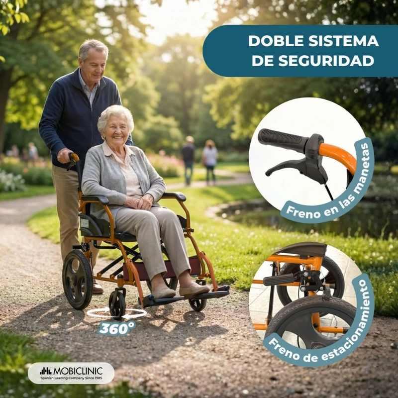 Faltbarer Rollstuhl | Aluminium | Bremse an Handgriffen | Fußstütze | Armlehnen | Orange | Modell: Pirámide | Mobiclinic