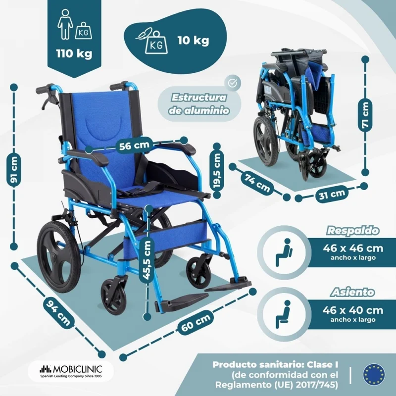 Faltbarer Rollstuhl | Aluminium | Handbremsen | Fußstützen | Armlehnen | Blau | Modell: Pirámide | Mobiclinic