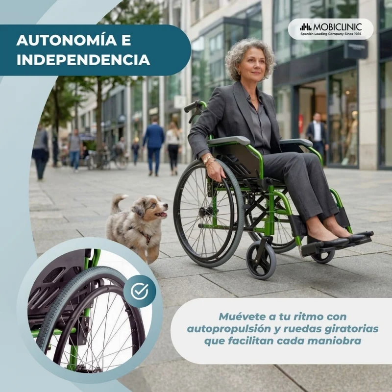 Rollstuhl | Aluminium | Faltbar | Geteilte Rückenlehne | Grün | Modell Bolonia | Mobiclinic