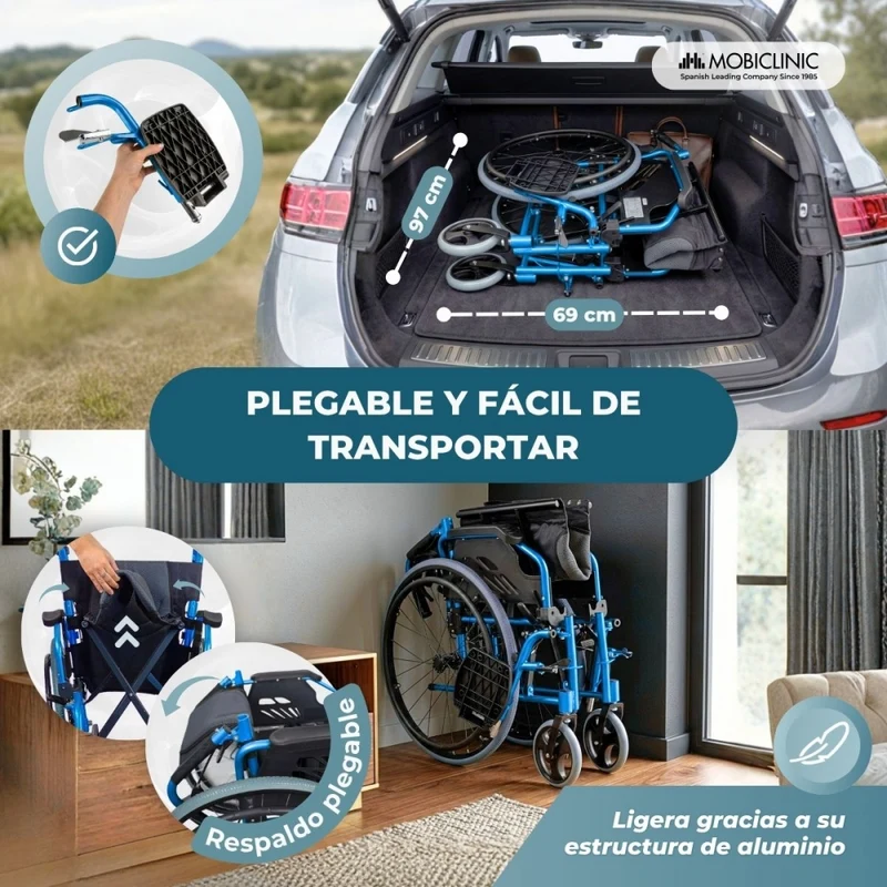 Rollstuhl | Aluminium | Faltbar | Geteilte Rückenlehne | Umklappbare Armlehnen| Blau | Modell Bolonia | Mobiclinic