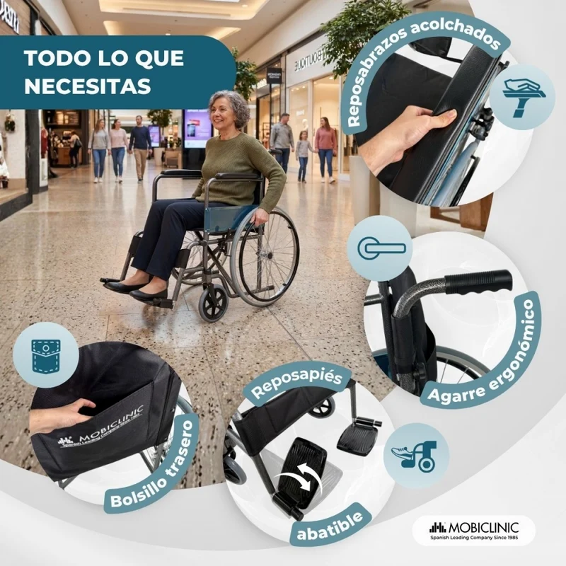 Rollstuhl faltbar | Große Räder | Leichtgewicht | Orthopädisch | Schwarz | Alcázar | Mobiclinic