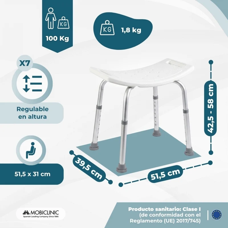 Badehocker | Aluminium | Höhenverstellbar | Antirutsch Füße | San Fermín | Mobiclinic