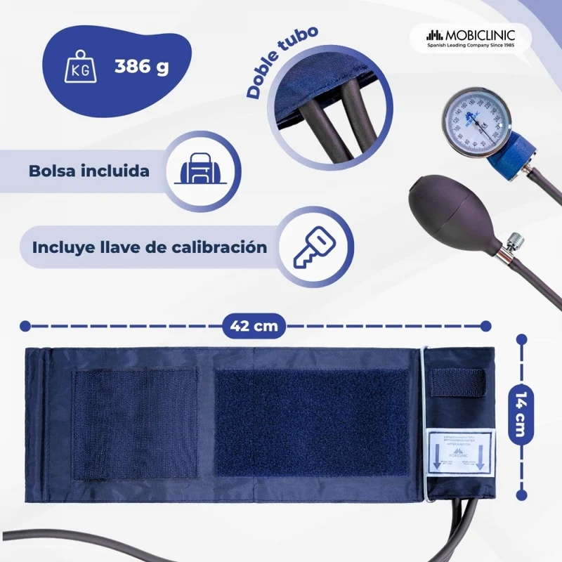 Aneroid-Blutdruckmessgerät | Blutdruck | Zwei Ausgänge | Komfortabel | Anpassbar | Blau | Mobiclinic