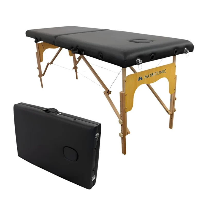 Massageliege klappbar | Holz | Tragbar | 180x60 cm | Schwarz | Modell: CM-01 BASIC | Mobiclinic