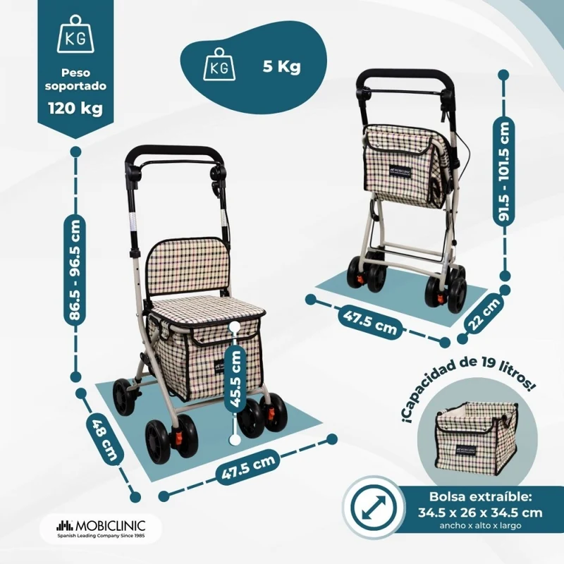Einkaufswagen Rollator | 4 Räder | Zusammenklappbar | Mit Tasche | Mit Bremssystem | Kariert | Coliseo | Mobiclinic