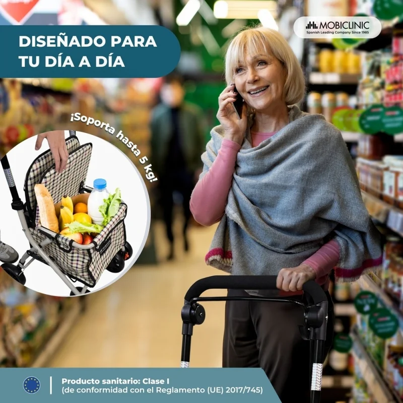 Einkaufswagen Rollator | 4 Räder | Zusammenklappbar | Mit Tasche | Mit Bremssystem | Kariert | Coliseo | Mobiclinic
