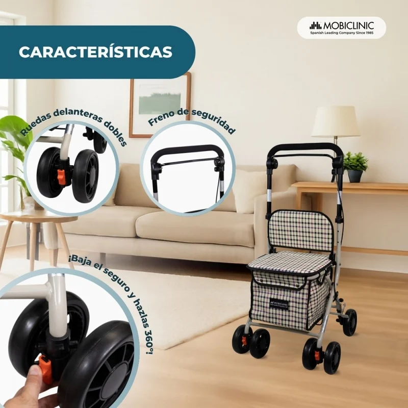 Einkaufswagen Rollator | 4 Räder | Zusammenklappbar | Mit Tasche | Mit Bremssystem | Kariert | Coliseo | Mobiclinic