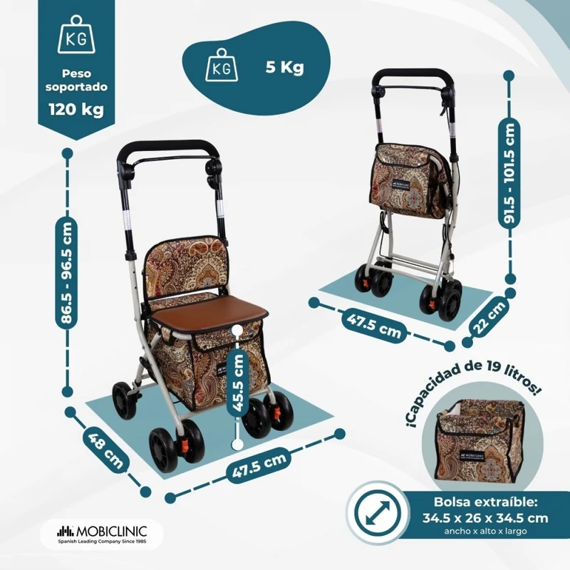 Einkaufswagen Rollator | 4 Räder | Zusammenklappbar | Mit Tasche | Mit Bremssystem | Muster | Coliseo | Mobiclinic