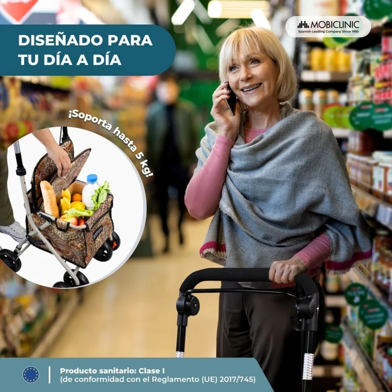 Einkaufswagen Rollator | 4 Räder | Zusammenklappbar | Mit Tasche | Mit Bremssystem | Muster | Coliseo | Mobiclinic