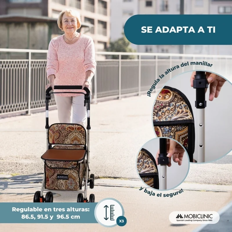 Einkaufswagen Rollator | 4 Räder | Zusammenklappbar | Mit Tasche | Mit Bremssystem | Muster | Coliseo | Mobiclinic