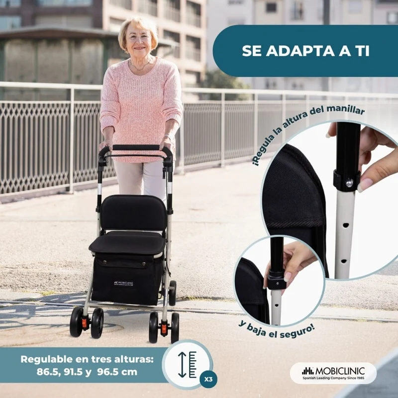 Einkaufswagen Rollator | 4 Räder | Zusammenklappbar | Mit Tasche | Mit Bremssystem | Schwarz | Coliseo | Mobiclinic