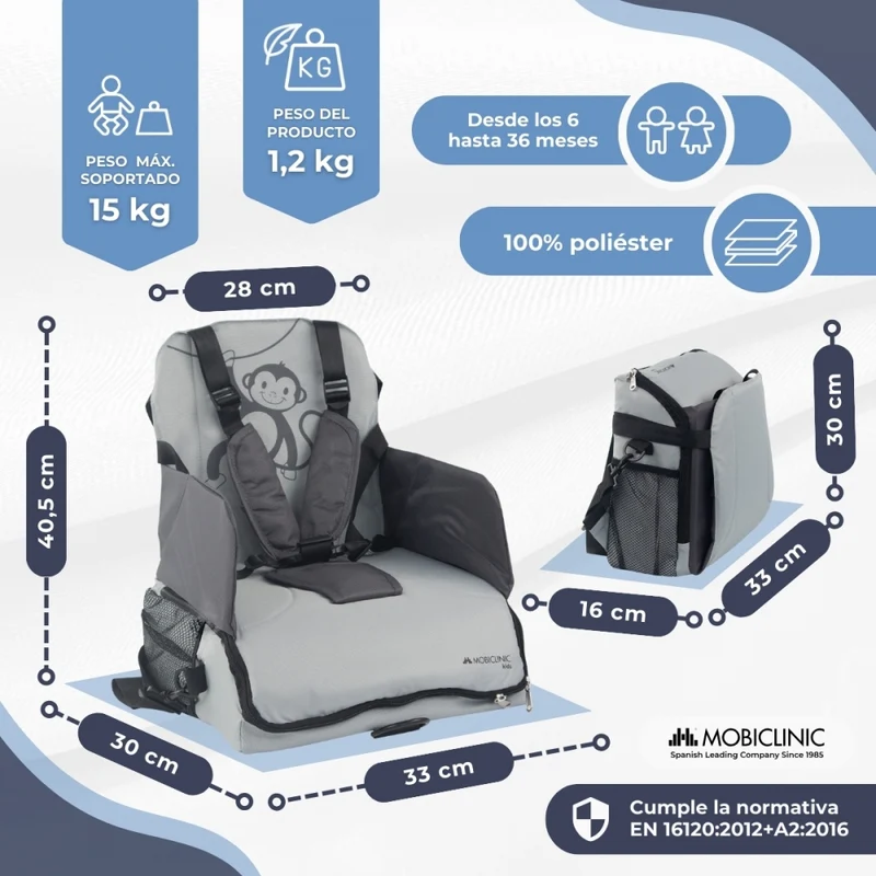 Reisehochstuhl mit Stauraum | Für Babys | Zusammenklappbar | Mit Tasche und Griff | Bis zu 15 kg | Grau | Monkey | Mobiclinic