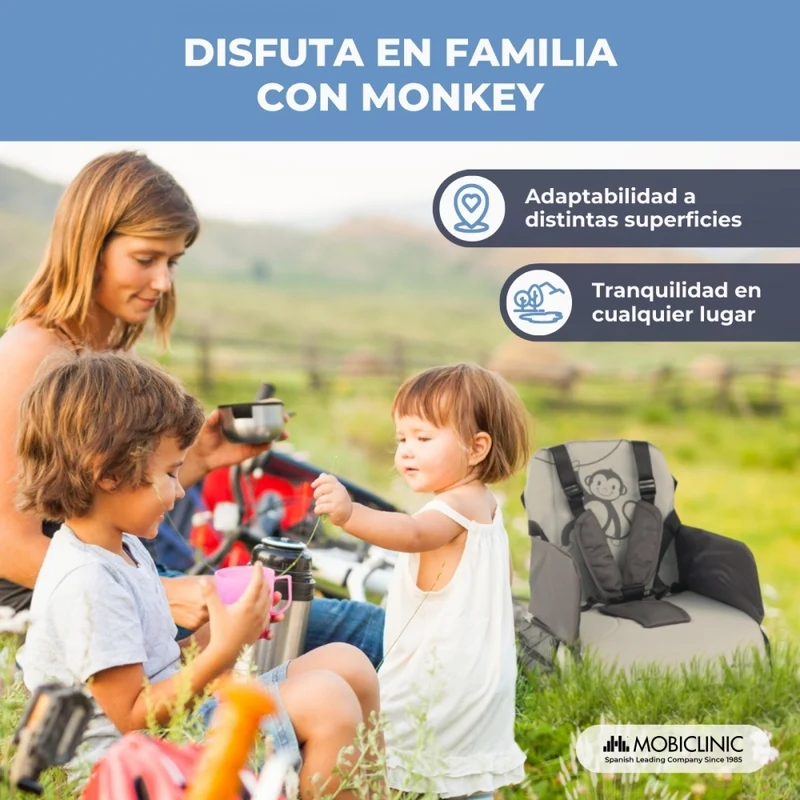Reisehochstuhl mit Stauraum | Für Babys | Zusammenklappbar | Mit Tasche und Griff | Bis zu 15 kg | Grau | Monkey | Mobiclinic