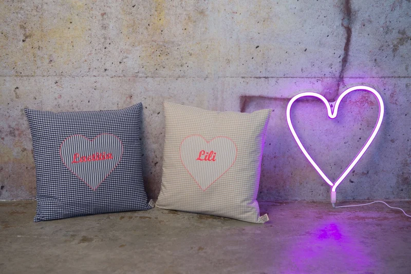 Kissen personalisiert VICHY beige - ⚡NEON pink 💕Herz