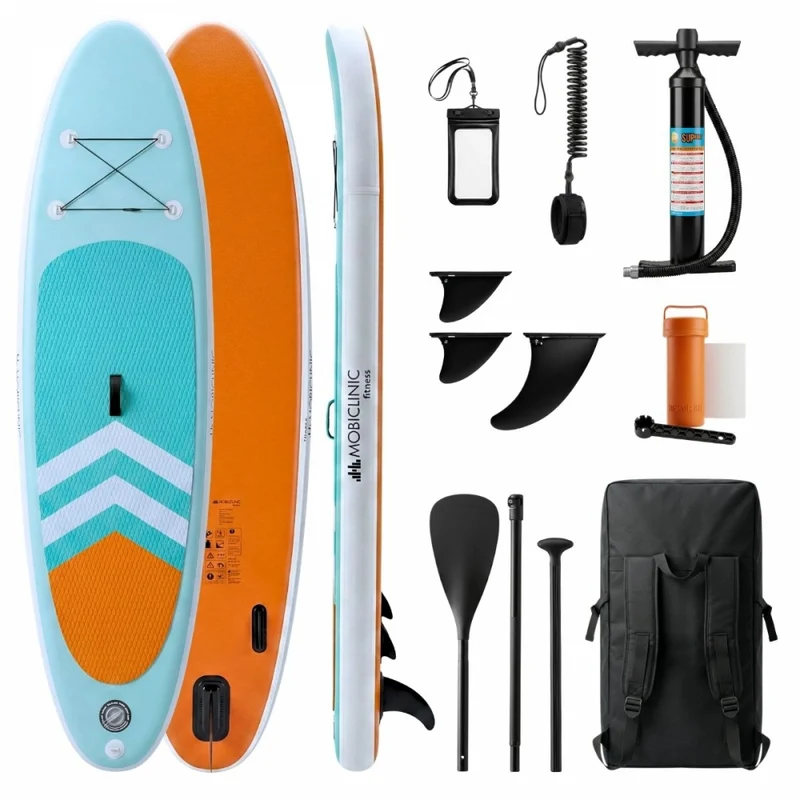 Aufblasbares Paddle-Surfbrett | 320 x 83 cm | Verstellbares Paddel | Pumpe | Sicherheitsgurt | Reiserucksack | Lilo | Mobiclinic