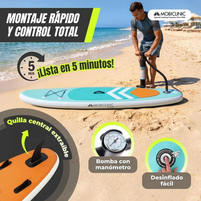 Aufblasbares Paddle-Surfbrett | 320 x 83 cm | Verstellbares Paddel | Pumpe | Sicherheitsgurt | Reiserucksack | Lilo | Mobiclinic