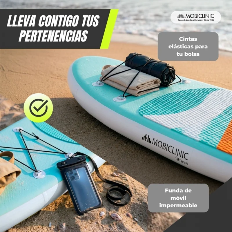 Aufblasbares Paddle-Surfbrett | 320 x 83 cm | Verstellbares Paddel | Pumpe | Sicherheitsgurt | Reiserucksack | Lilo | Mobiclinic