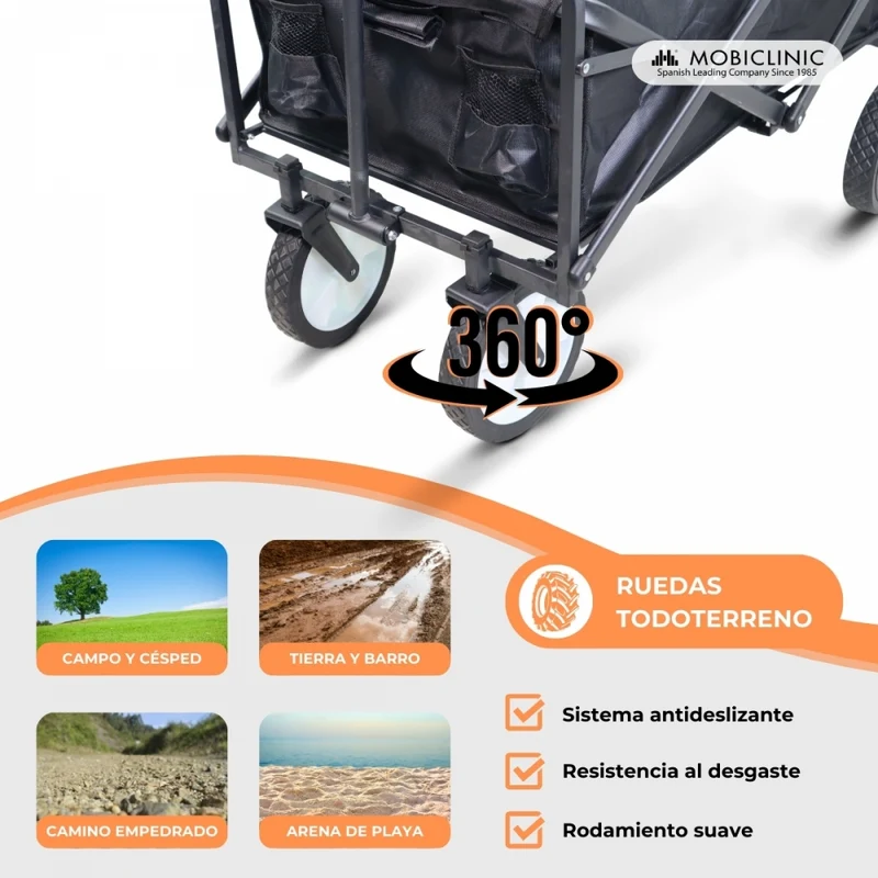 Transportwagen für Strand und Garten | Verstellbarer Griff | 85x54,5x75cm | Zusammenklappbar | 360º-Räder |Duna Pro | Mobiclinic