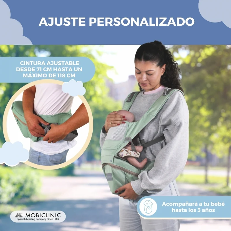 6-in-1-Babytrage | Atmungsaktiv | 0–36 Monate | Verstellbare Träger | Baumwolle | Tasche | Grün | Moley | Mobiclinic
