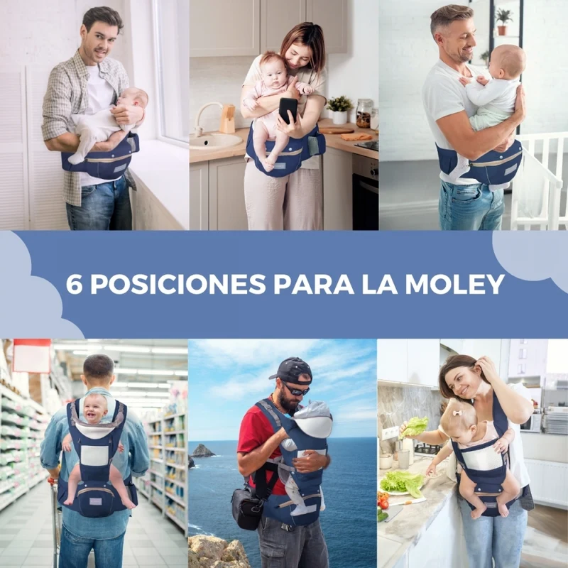 6-in-1-Babytrage | Atmungsaktiv | 0–36 Monate | Verstellbare Träger | Baumwolle | Tasche | Blau | Moley | Mobiclinic