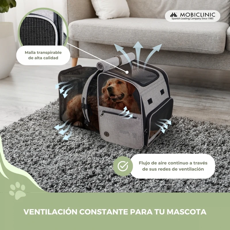 Tragetasche für Haustiere | Erweiterbar | Faltbar | 37x29x37,5 cm | Belüftung | Futterspender + Taschen | Tula| Mobiclinic