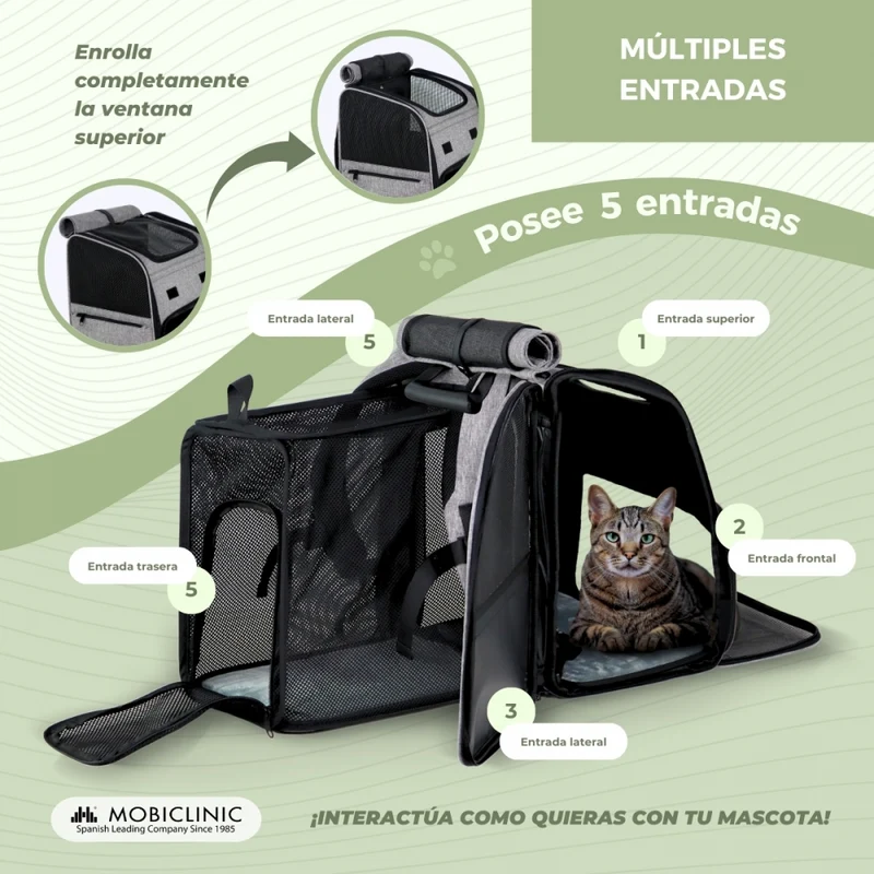 Tragetasche für Haustiere | Erweiterbar | Faltbar | 37x29x37,5 cm | Belüftung | Futterspender + Taschen | Tula| Mobiclinic