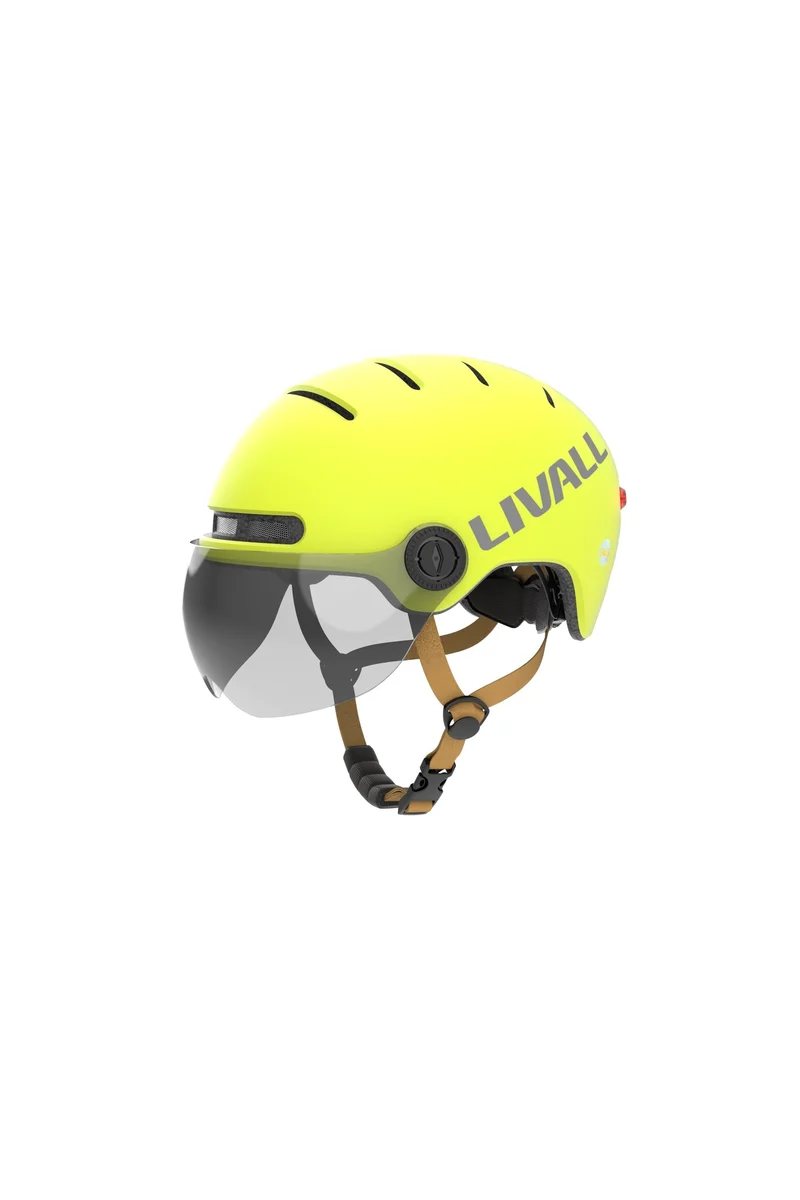 Fahrradhelm gelb mit Visier, Bremslicht und SOS-Alarm, L23, Gr. L