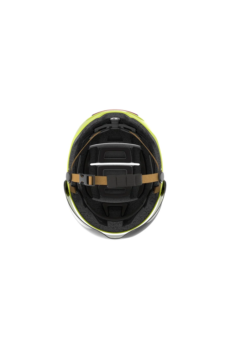 Fahrradhelm gelb mit Visier, Bremslicht und SOS-Alarm, L23, Gr. L