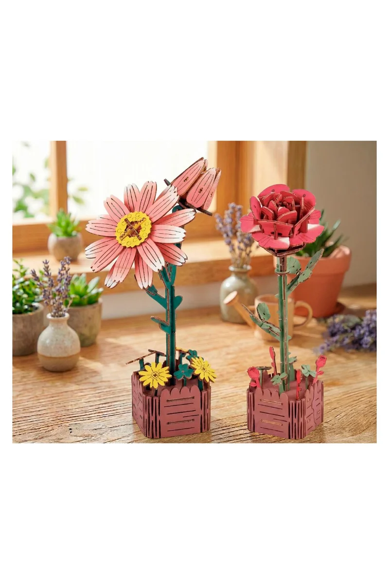 3 D Holzpuzzle - 2er Set Blume, Rose + Gänseblümchen