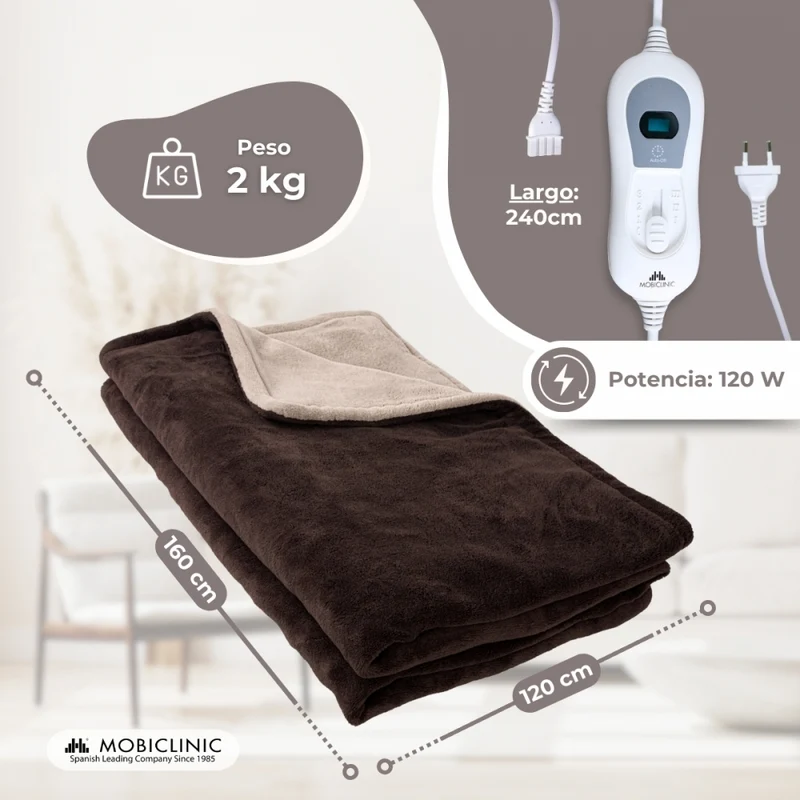 Heizdecke mit Fernbedienung | 160x120 cm | Braun | Einstellbare Temperatur | Mobiclinic