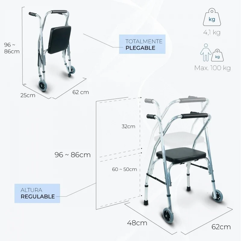 Rollator| 2 Räder | Gepolsterter Sitz | Zusammenklappbar |Verstellbar| Silber | Compostela | Mobiclinic