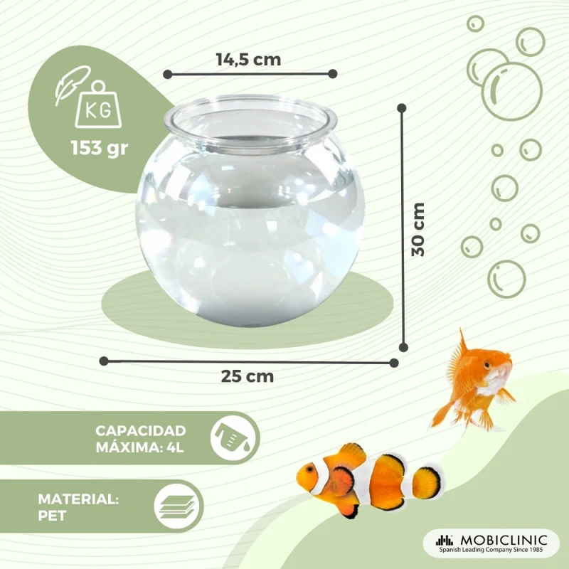 Kleines rundes Aquarium | PET-Öko | 4L | Kleine Fische | Einfache Reinigung | 20x20x17,5 cm | Wassergarten | Nemo | Mobiclinic