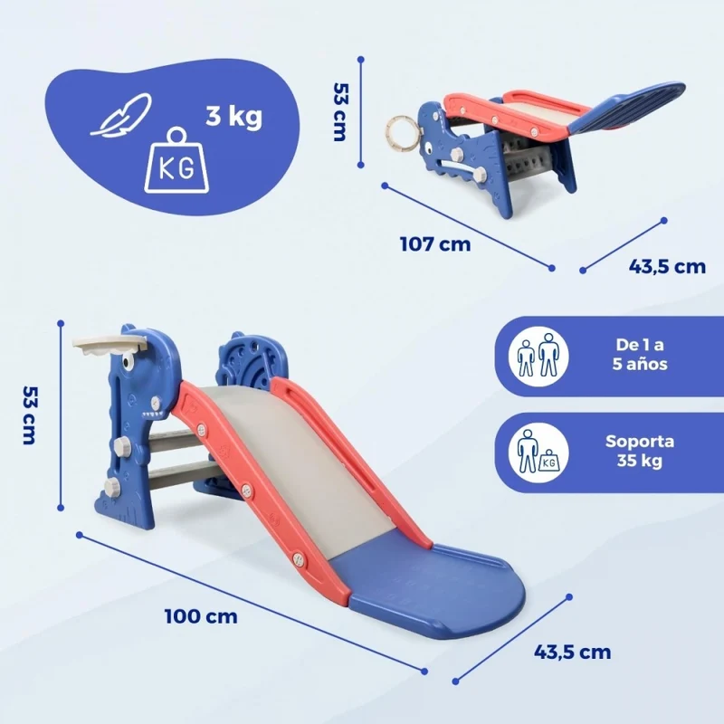 Kinderrutsche | klappbar | Korb und Ball | runde Kanten | rutschfeste Stufen | max. 35 kg | Blau | Dino| Mobiclinic