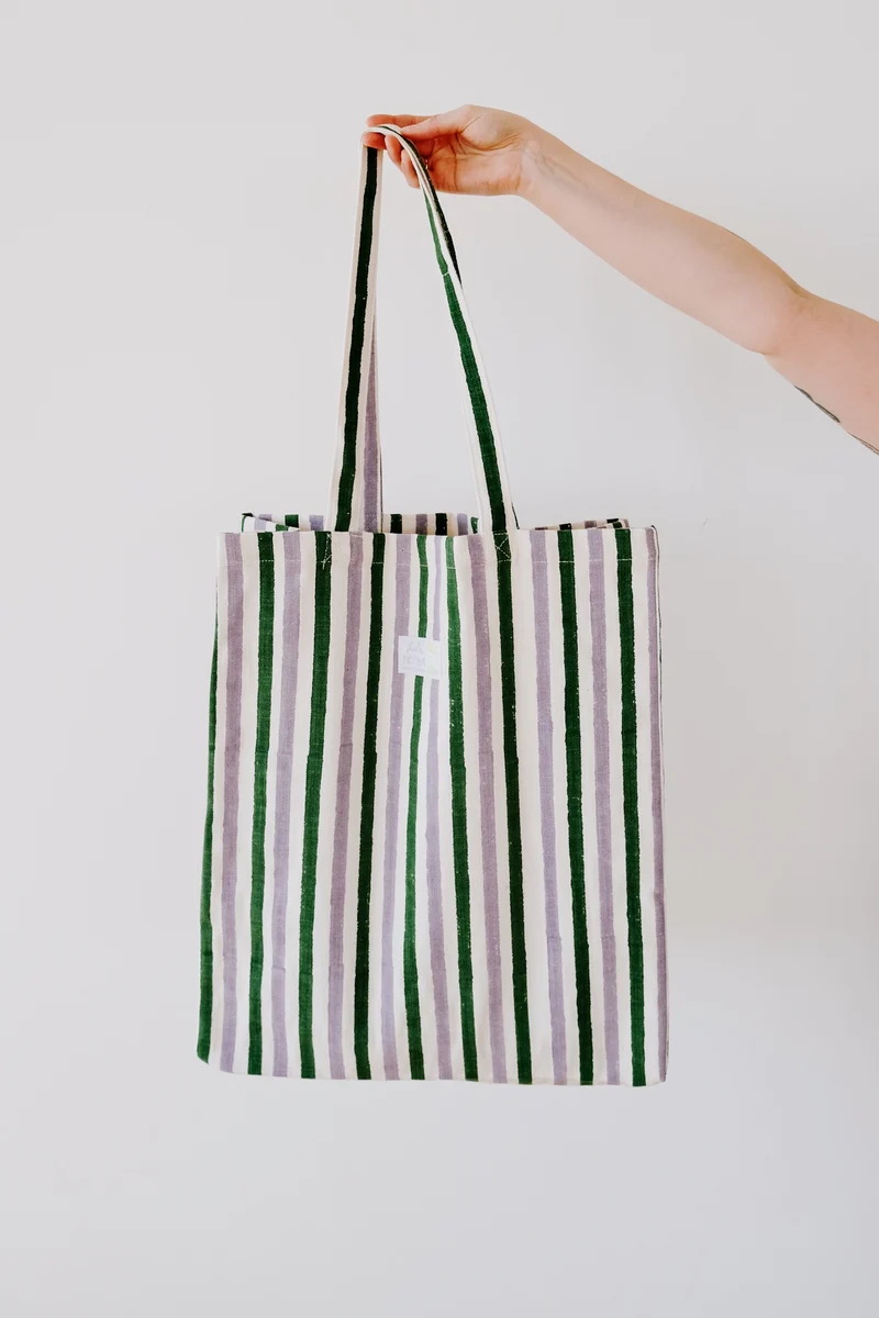 Handprinted Tote Bag - Lavender Stripes