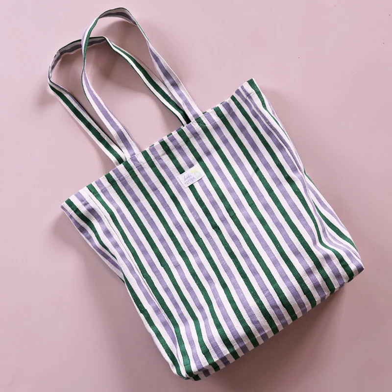 Handprinted Tote Bag - Lavender Stripes