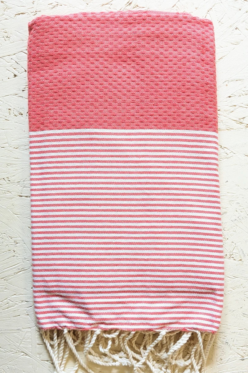 Hamam Blanket coral red honeycomb striped